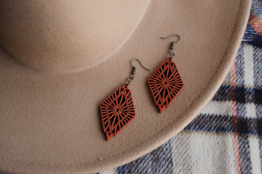 Diamond Radial Wood Earrings in Rust