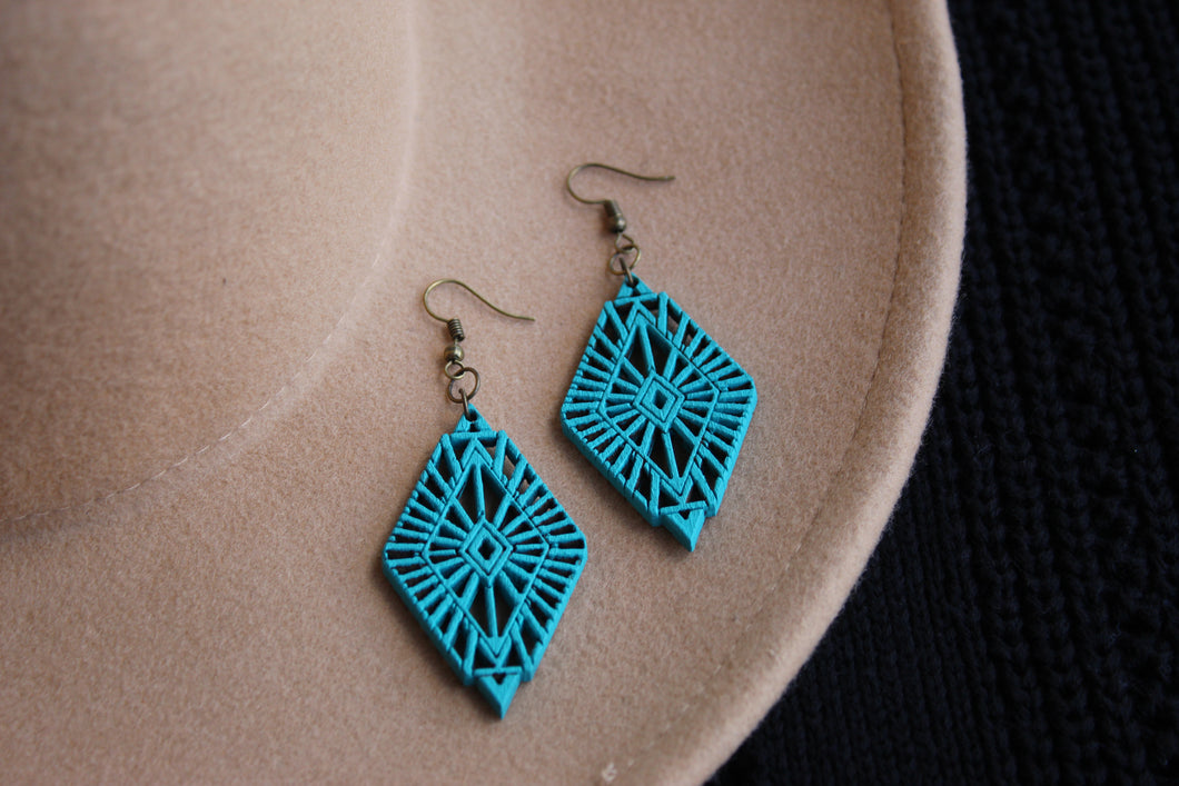 Diamond Radial Wood Earrings in Turquoise