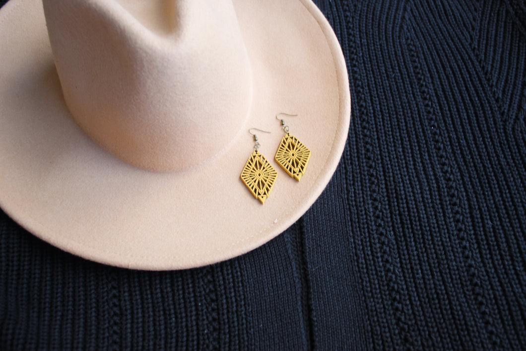 Diamond Radial Wood Earrings in Mustard